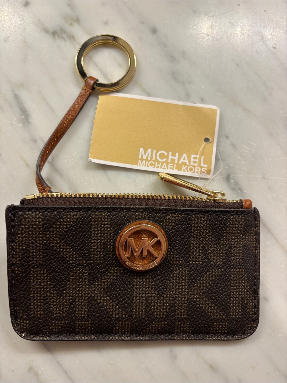Michael Kors Brown and Tan MK Logo Zip Card Holder Keyring
